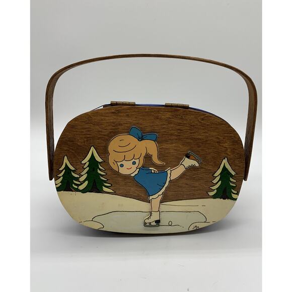 Vintage Hand Painted Signed Basket Purse Girl Ice Skating 8” x 5.75” Lined - Picture 1 of 9